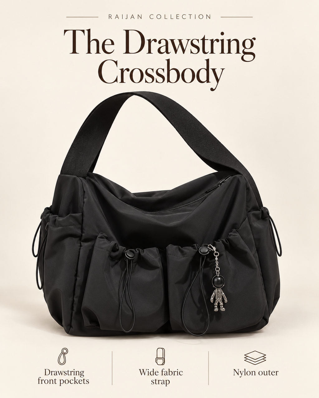The Drawstring Crossbody — features